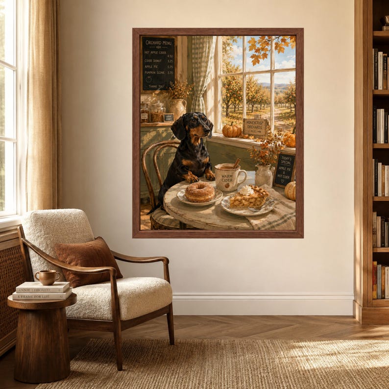 May include: A framed wall art print depicting a black and tan dachshund sitting at a round table in an orchard setting. The table holds a doughnut, a slice of pie, and a mug labelled Warm Cider. A chalkboard menu and autumn pumpkins are visible.