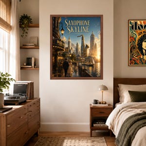 May include: A framed wall art print titled Saxophone Skyline featuring a city landscape with a large saxophone-shaped building, a waterfront promenade, and two figures walking at dusk under a warm, glowing sky with golden light.