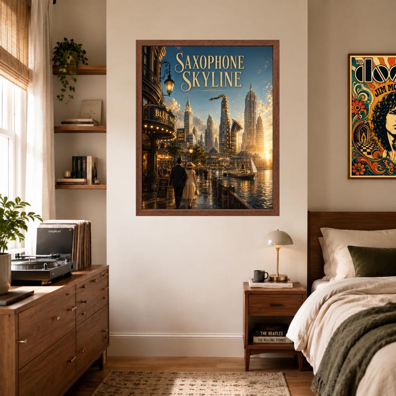 May include: A framed wall art print titled Saxophone Skyline featuring a city landscape with a large saxophone-shaped building, a waterfront promenade, and two figures walking at dusk under a warm, glowing sky with golden light.