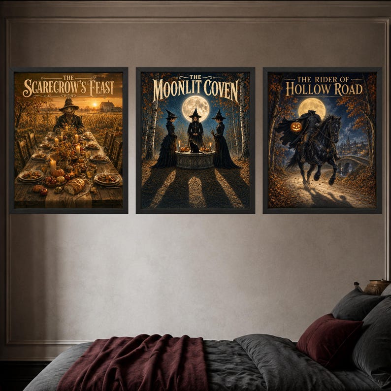 May include: Three framed rectangular wall art prints featuring dark fantasy themes. The left print shows a scarecrow at a feast, the center shows three witches under a full moon, and the right shows a headless rider on a horse with a pumpkin.