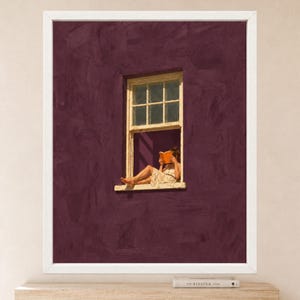 Woman Reading Window Print, Burgundy Wall Art, Minimalist Book Lover Decor (Digital Download) image 2