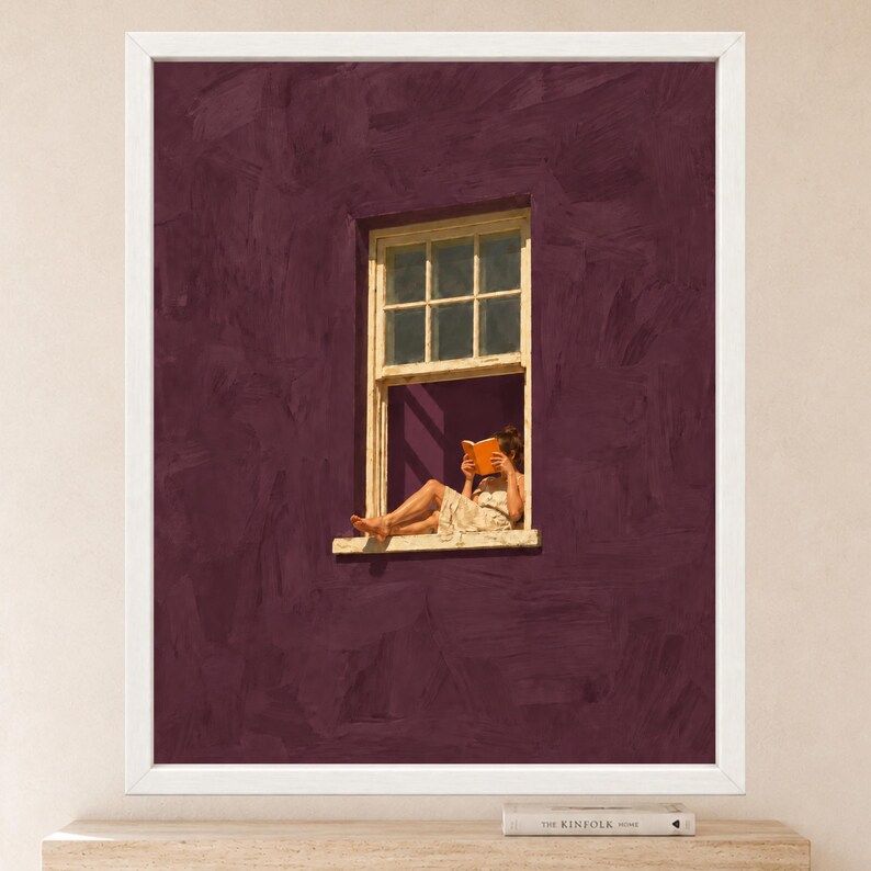 Woman Reading Window Print, Burgundy Wall Art, Minimalist Book Lover Decor (Digital Download) image 2