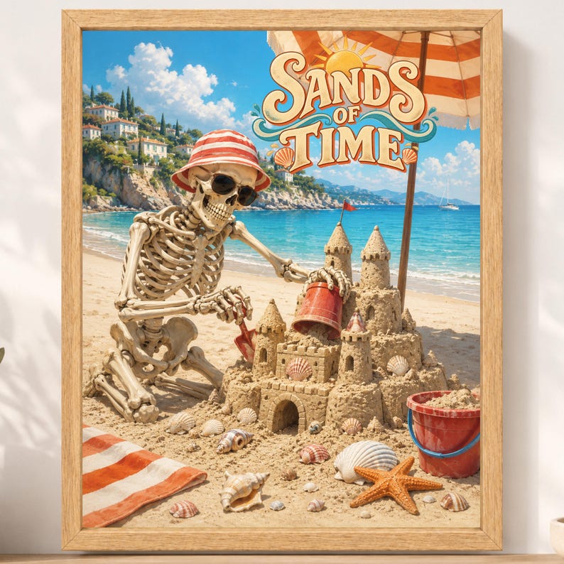 Funny Skeleton Sandcastle Beach Poster, Summer Vacation Art (Digital Download) Bild 2