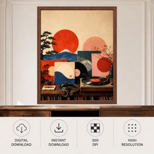 May include: A framed wall art print featuring a stylized landscape with a large red sun, a mountain, and a bonsai tree. The scene includes a turntable with a vinyl record, a pair of headphones, and a cassette tape arranged on a wooden surface.