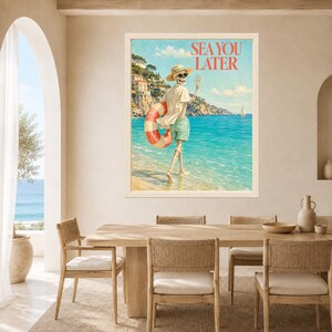 May include: A framed wall art print featuring a skeleton wearing a straw hat and sunglasses, holding a red and white striped life preserver while walking into the ocean. The text SEA YOU LATER is printed in red at the top of the coastal scene.