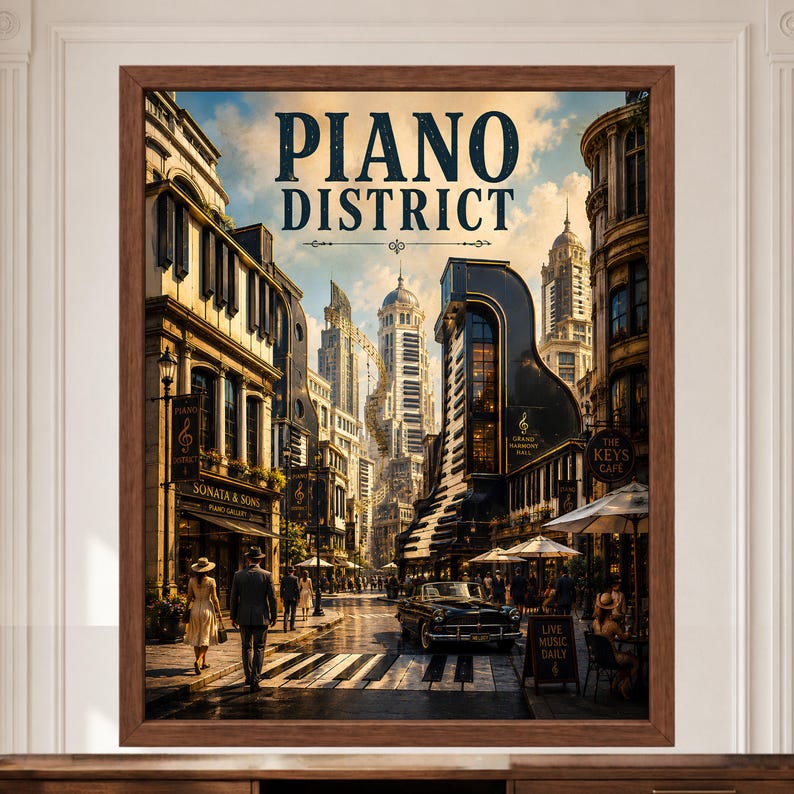 May include: A framed wall art print titled PIANO DISTRICT featuring a city street scene where buildings are shaped like grand pianos. The street includes a crosswalk with piano key patterns, a vintage car, pedestrians, and cafe seating.