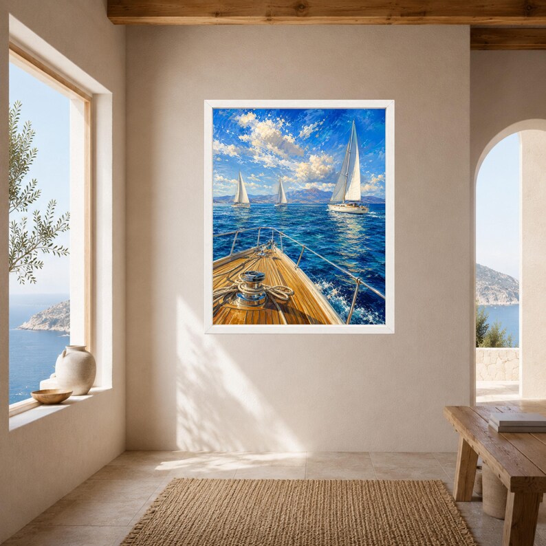 May include: A framed wall art print depicting a view from the wooden deck of a boat looking out over a deep blue sea with three white sailboats under a bright sky with scattered clouds. The deck features a metal winch and coiled rope.