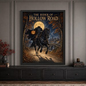 Framed headless horseman Halloween wall art featuring a black-clad rider on a dark horse carrying a glowing jack-o’-lantern along an autumn road beneath a full moon, with a stone bridge and “The Rider of Hollow Road” typography.