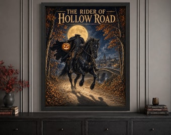 Headless Horseman Halloween Wall Art, Pumpkin Rider Poster, Gothic Horse Decor, Vintage Digital Download