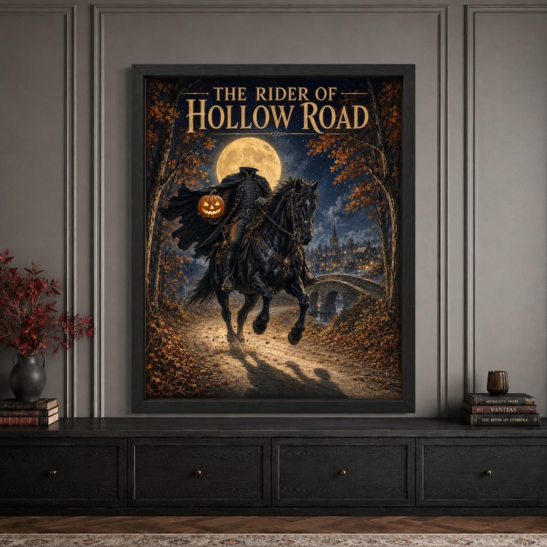 Framed headless horseman Halloween wall art featuring a black-clad rider on a dark horse carrying a glowing jack-o’-lantern along an autumn road beneath a full moon, with a stone bridge and “The Rider of Hollow Road” typography.