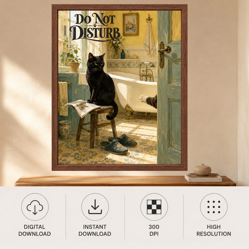 May include: A framed wall art print featuring a black cat sitting on a wooden stool in a bathroom, with the text DO NOT DISTURB at the top. The scene includes a clawfoot tub, blue door, patterned floor tiles, and a pair of blue slippers on the floor.