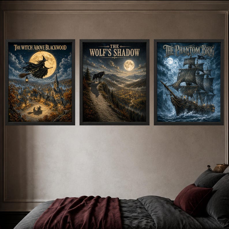 May include: Three framed rectangular wall art prints featuring dark fantasy scenes. The left print shows a witch flying over a village under a full moon titled The Witch Above Blackwood. The center print depicts a wolf on a cliff titled The Wolf's Shadow. The right print shows a ghost ship titled The Phantom Brig.