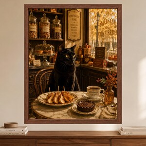 May include: A framed wall art print featuring a black cat sitting at a marble table in a confectionery shop. On the table are plates with pastries, a cup labelled P&acirc;tisserie, and a vase with autumn foliage. Shelves in the background hold glass jars.