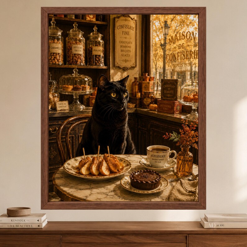 May include: A framed wall art print featuring a black cat sitting at a marble table in a confectionery shop. On the table are plates with pastries, a cup labelled P&acirc;tisserie, and a vase with autumn foliage. Shelves in the background hold glass jars.