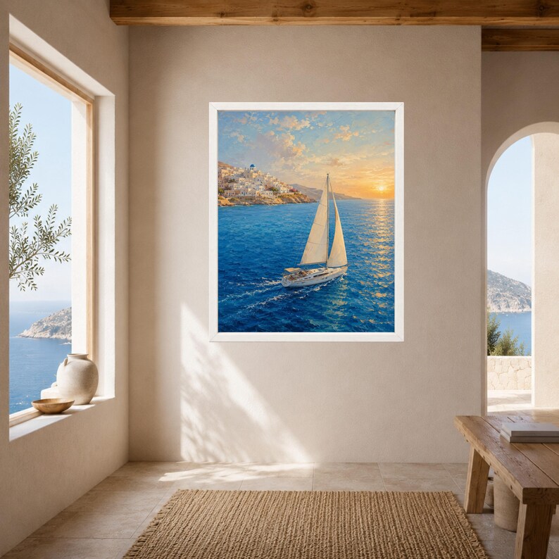 May include: A framed wall art print depicting a white sailboat navigating deep blue waters during a golden sunset. In the background, a coastal hillside features white buildings with blue domes under a soft, cloud-filled sky at dusk.
