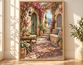 Mediterranean Courtyard Print, Bougainvillea, Olive Tree, Italian Villa (Digital Download)