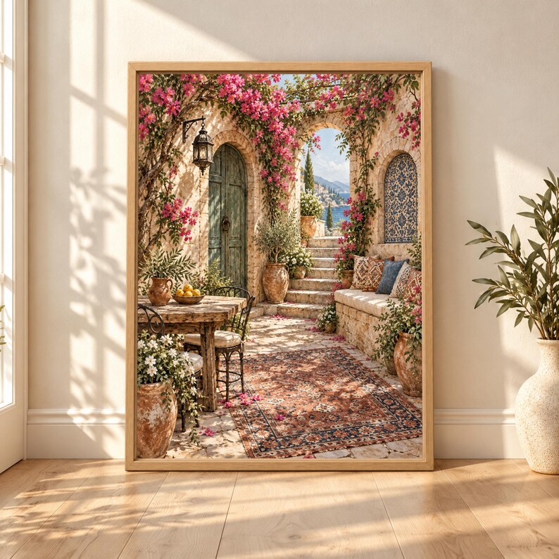 Framed Mediterranean courtyard wall art with pink bougainvillea, olive trees, weathered green door, terracotta pots, blue tile details, patterned rug and a coastal sea view through a stone archway.