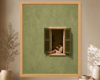 Woman Reading Window Print, Sage Green Mediterranean Nook Art (Digital Download)