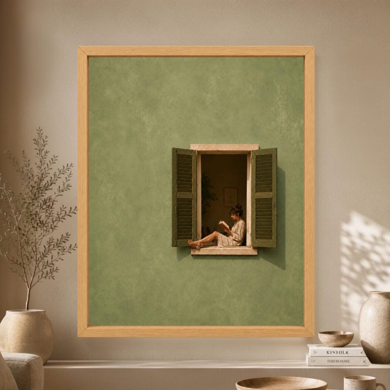 Framed minimalist sage green wall art showing a woman quietly reading inside a small open window with dark olive shutters and warm Mediterranean sunlight.
