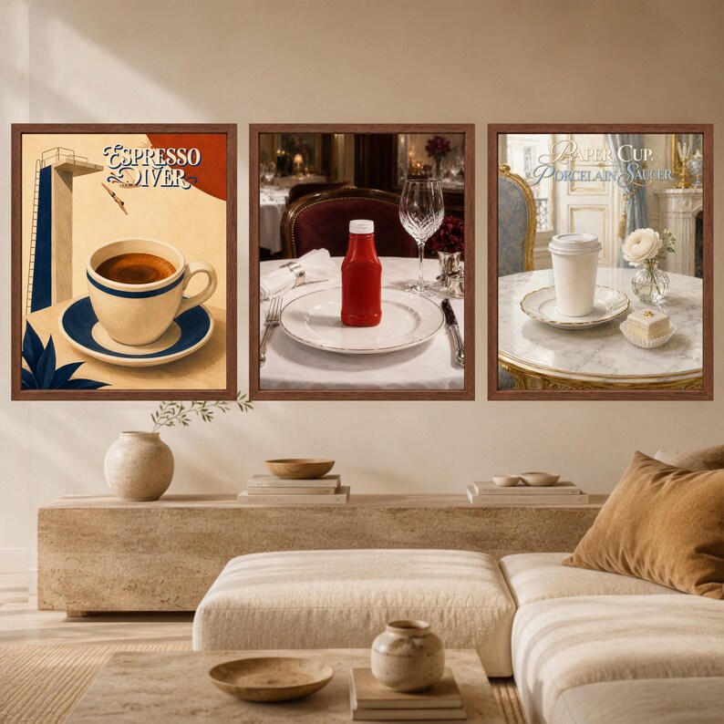 May include: Three framed wall art prints. The left print shows a coffee cup on a saucer with the text 'ESPRESSO DIVER'. The middle print depicts a red ketchup bottle on a white plate. The right print shows a paper cup on a saucer with the text 'PAPER CUP, PORCELAIN SAUCER'.