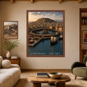 May include: A large framed wall art print depicting an ancient harbor city with a circular port, stone buildings, and wooden sailing ships on the water. The text CARTHAGE 220 BCE is printed at the bottom. A smaller matching print hangs to the left.