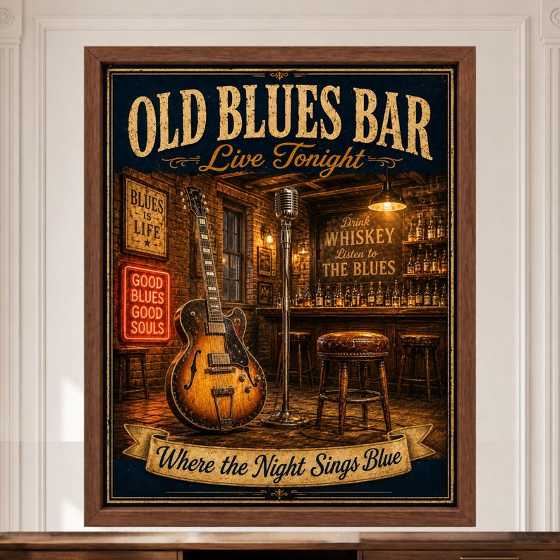 Op de afbeelding: Een ingelijste kunstdruk getiteld OLD BLUES BAR met een vintage gitaar, een microfoon op een standaard en een bar met whiskyflessen. De tekst luidt: OLD BLUES BAR, Live Tonight, BLUES IS LIFE, GOOD BLUES GOOD SOULS, Where the Night Sings Blue.