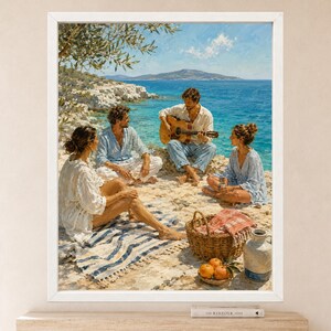 May include: An oil painting depicting three people sitting on a rocky Mediterranean coastline by the blue sea. One person plays an acoustic guitar while others relax on a striped blanket. A woven basket, oranges, and a ceramic jug sit nearby.