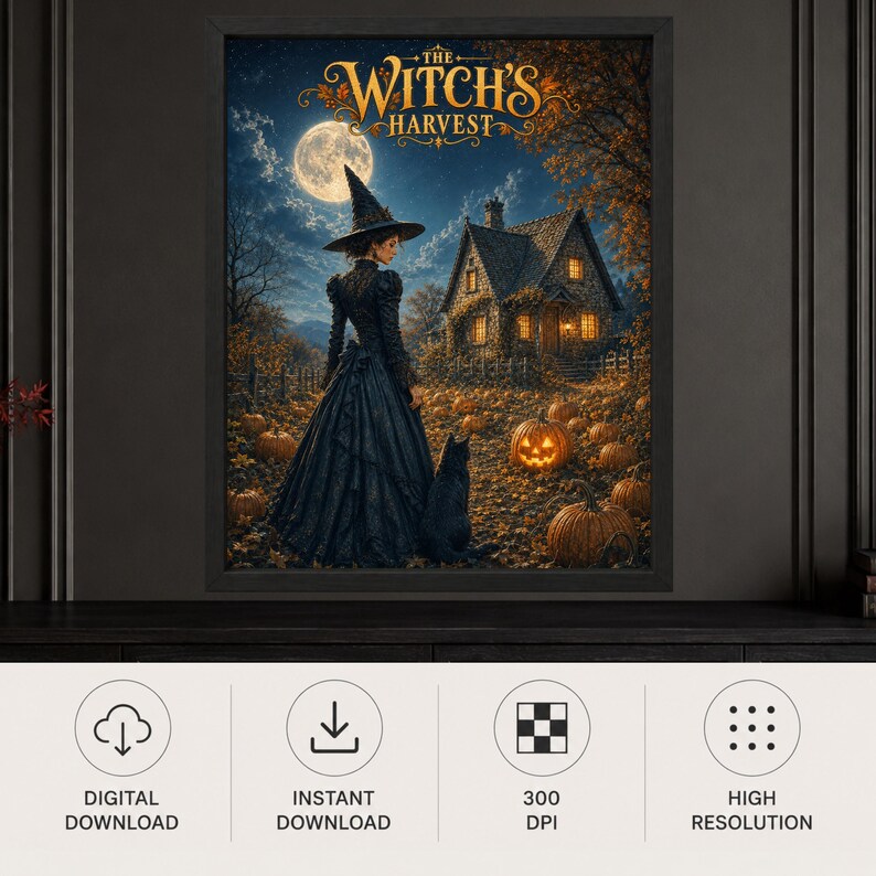 May include: A framed digital art print titled The Witch's Harvest featuring a person in a black gown and pointed hat standing with a black cat before a stone cottage, a full moon, and a pumpkin patch under a dark blue night sky.