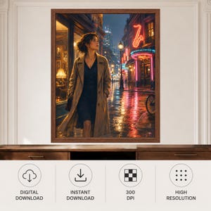 May include: A framed wall art print depicting a person in a tan trench coat and dark dress walking down a wet city street at night. The scene features glowing neon signs, including a red saxophone, street lamps, and reflections on the pavement.