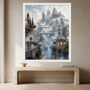 Pu&ograve; includere: Una stampa d'arte da parete incorniciata che raffigura una citt&agrave; fantastica intitolata NEBIAH City of Bridges Above the Clouds. La scena presenta un'intricata architettura in pietra, ponti ad arco e alte torri che emergono tra le nuvole.