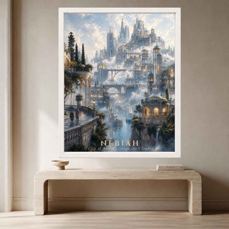 Pu&ograve; includere: Una stampa d'arte da parete incorniciata che raffigura una citt&agrave; fantastica intitolata NEBIAH City of Bridges Above the Clouds. La scena presenta un'intricata architettura in pietra, ponti ad arco e alte torri che emergono tra le nuvole.