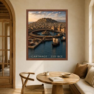 May include: A framed wall art print depicting the ancient city of Carthage in 220 BCE. The image shows a circular harbor with wooden ships, stone fortifications, and a densely populated hillside under a golden sky. The text reads CARTHAGE 220 BCE.