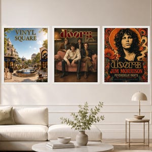 May include: Three framed wall art prints featuring The Doors. The left print shows a European square with the text VINYL SQUARE. The center print depicts the band members on a sofa. The right print features Jim Morrison with the text JIM MORRISON PSYCHEDELIC NIGHTS.