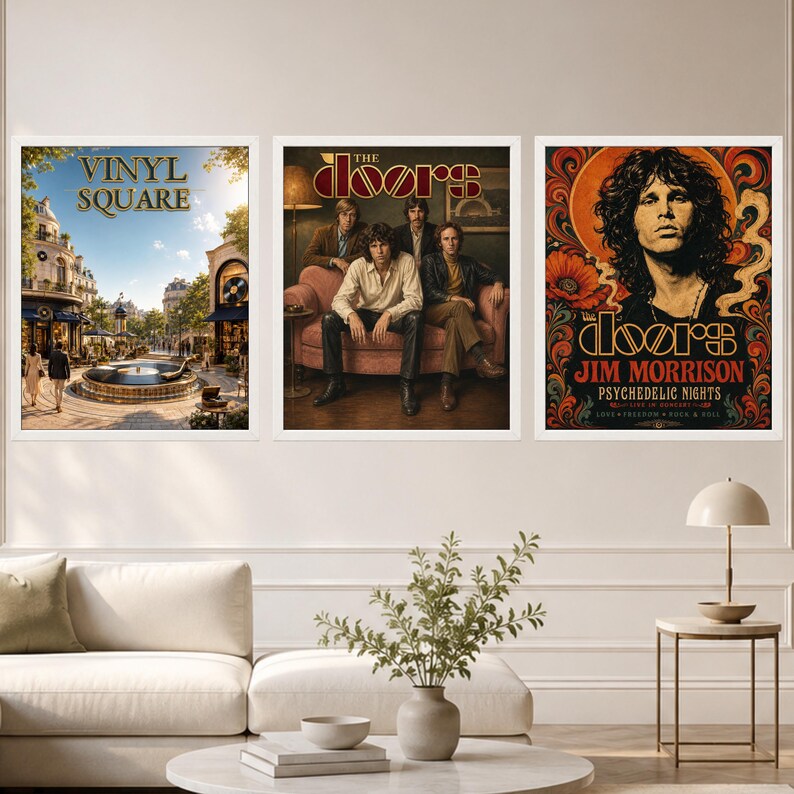 May include: Three framed wall art prints featuring The Doors. The left print shows a European square with the text VINYL SQUARE. The center print depicts the band members on a sofa. The right print features Jim Morrison with the text JIM MORRISON PSYCHEDELIC NIGHTS.