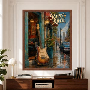 Framed Rainy Riffs music wall art featuring a weathered electric guitar outside a warmly lit city bar on a rainy street with wet pavement, vintage lamps, classic car and distant skyline.