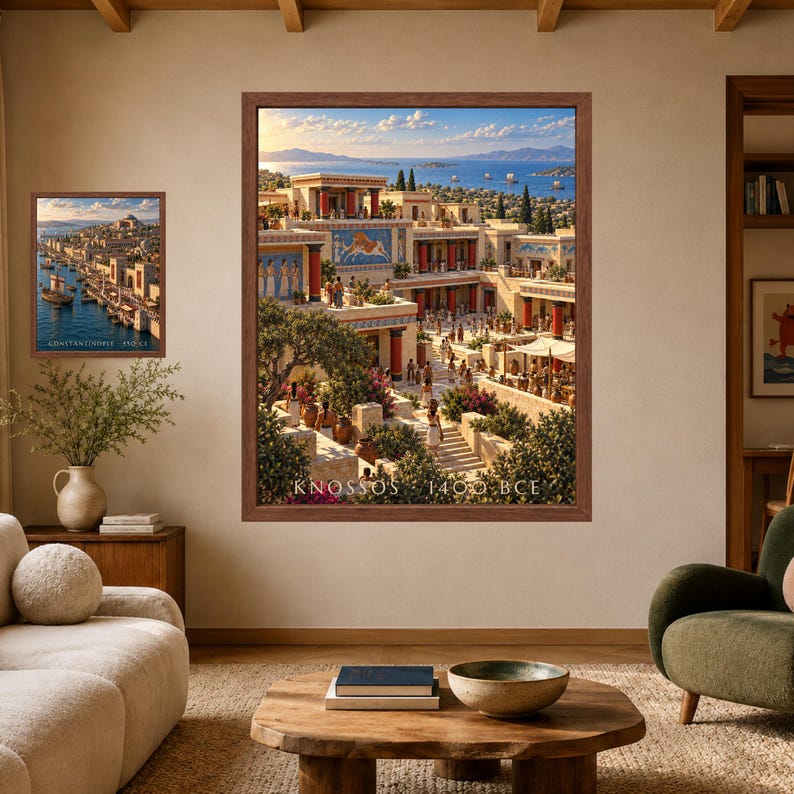 May include: Two framed wall art prints depicting historical scenes. The larger print shows the ancient palace of Knossos in 1400 BCE with stone architecture and figures. The smaller print shows a coastal city labeled Constantinople 330 CE.