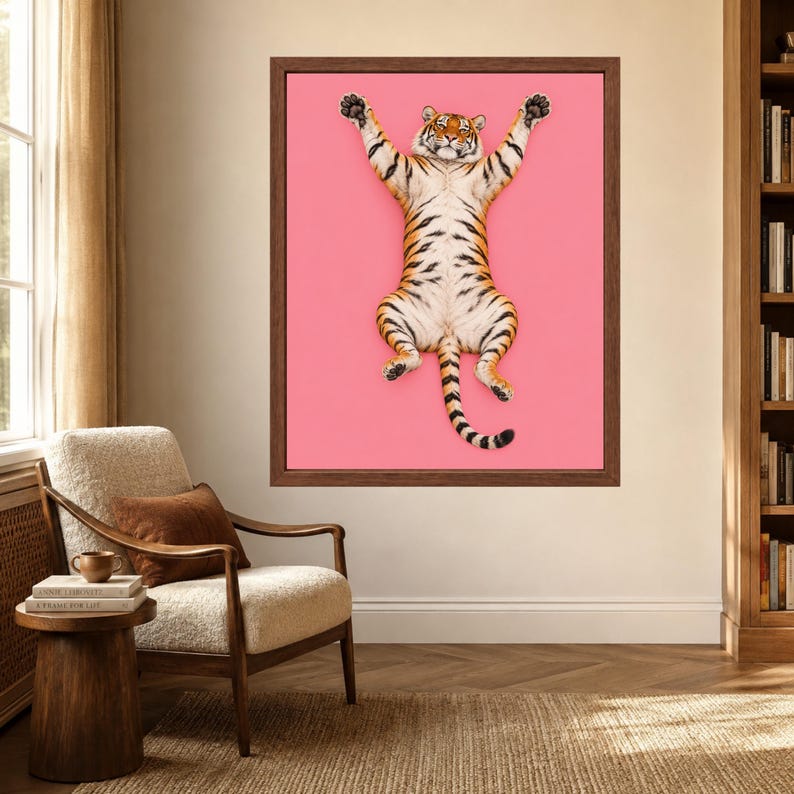Pink Tiger Wall Art, Funny Animal Print, Maximalist Bedroom Decor (Digital Download) image 3