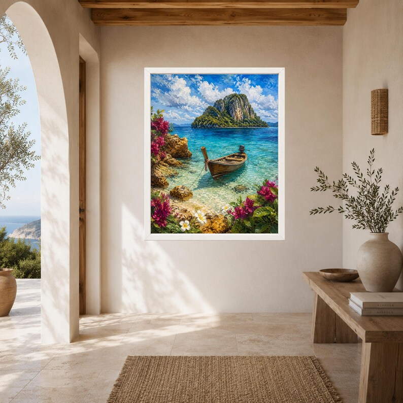 Peut inclure: Une impression d'art encadr&eacute;e repr&eacute;sentant une barque en bois flottant sur une eau turquoise claire pr&egrave;s d'une &icirc;le rocheuse. La sc&egrave;ne pr&eacute;sente des fleurs de bougainvilliers rose vif au premier plan, un ciel bleu &eacute;clatant et une falaise rocheuse.