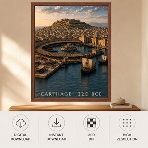 May include: A framed wall art print depicting an ancient harbor city with a circular port, stone buildings, and wooden ships on the water. The text CARTHAGE 220 BCE is printed at the bottom. The scene is set during sunset with a golden sky.