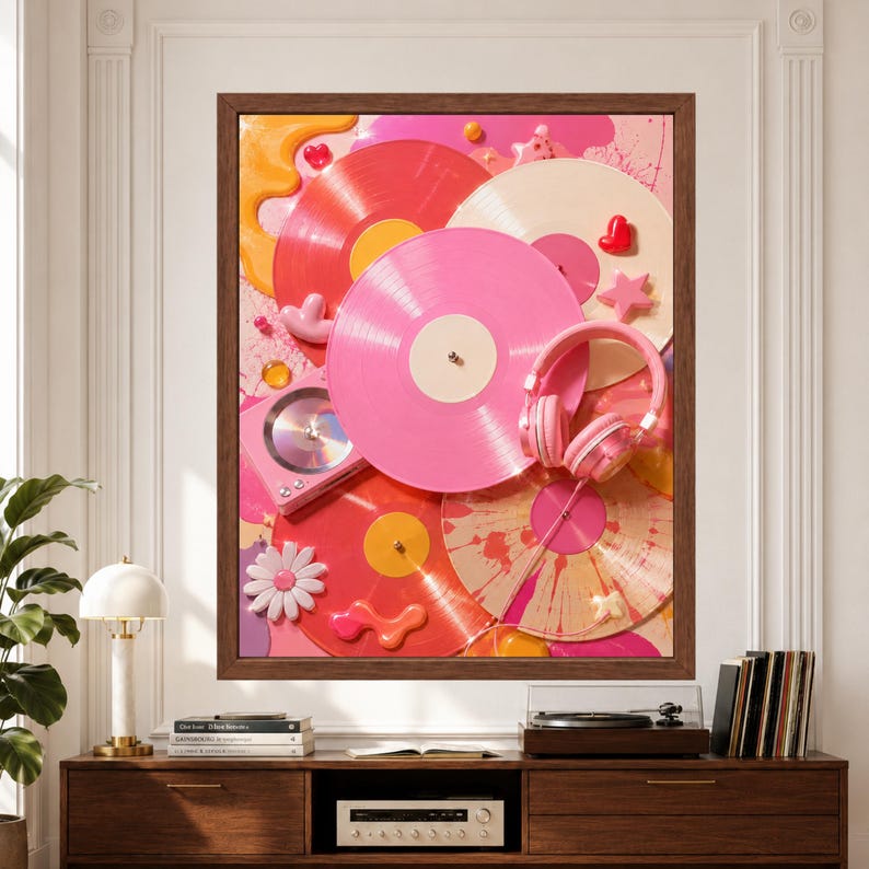 Framed colorful vinyl record wall art featuring layered pink, coral and cream records with pink headphones, retro music player, hearts, stars and playful abstract decorations in a bright contemporary composition above a record player console.