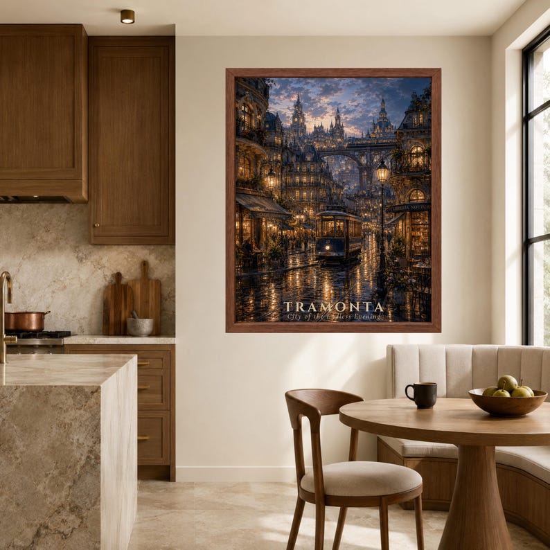 Puede incluir: Una impresi&oacute;n de arte mural enmarcada que representa una escena de calle urbana al atardecer con un tranv&iacute;a azul, arquitectura ornamentada e iluminaci&oacute;n c&aacute;lida. El texto TRAMONTA City of the Endless Evening aparece en la parte inferior.