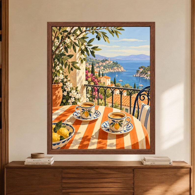 Mediterranean Coffee Print, Italian Coastal Cafe Art, Lemon Espresso Poster (Digital Download) image 8