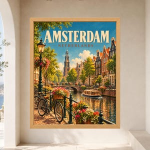 Amsterdam Travel Poster, Netherlands Wall Art, Canal Bicycle Print, Dutch City Decor, Digital Download image 7