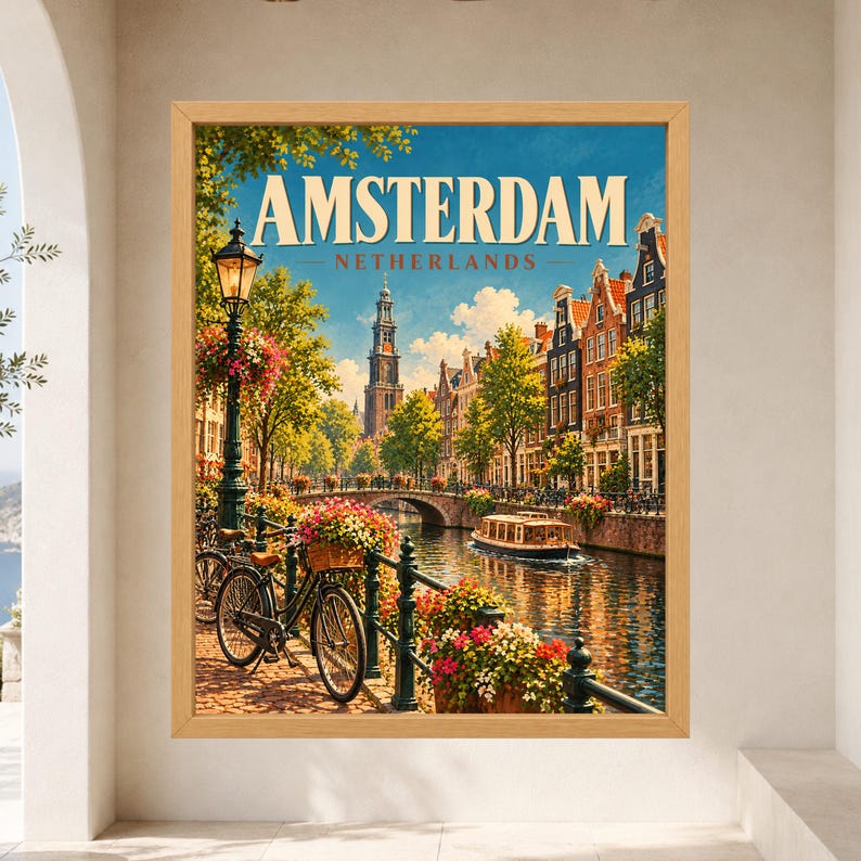 Amsterdam Travel Poster, Netherlands Wall Art, Canal Bicycle Print, Dutch City Decor, Digital Download image 7