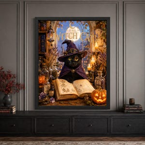 Framed black cat Halloween wall art featuring a witch cat in a purple hat behind an open spellbook, surrounded by potion bottles, candles, herbs, pumpkins and a glowing jack-o’-lantern in a warm moonlit witchy interior.