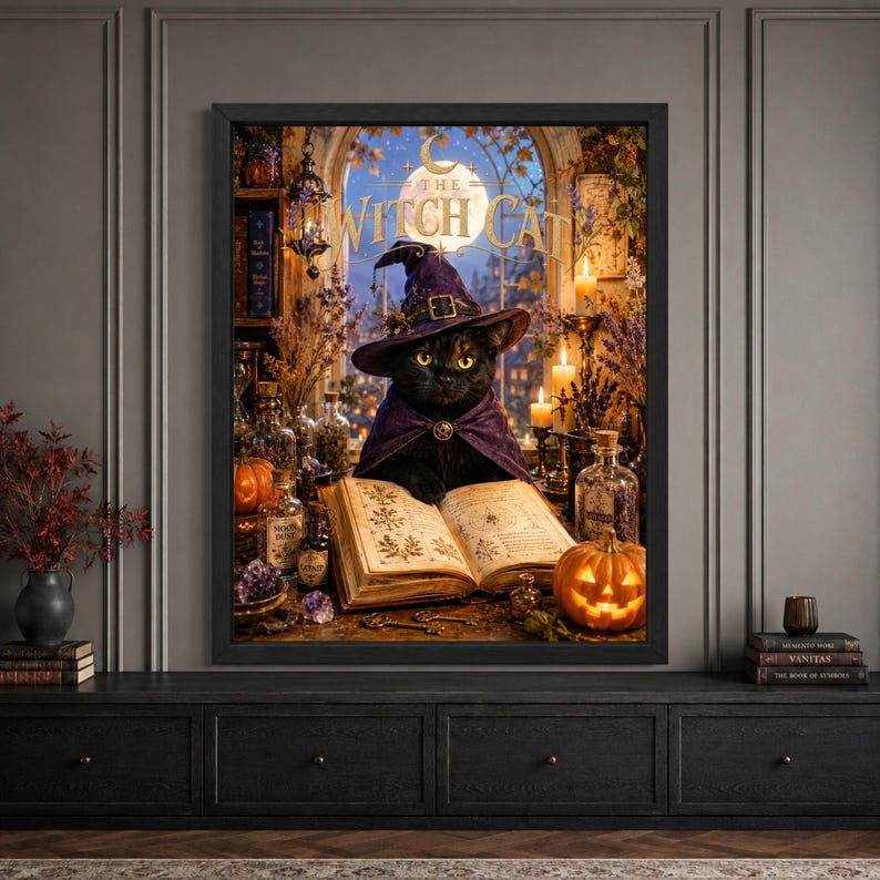 Framed black cat Halloween wall art featuring a witch cat in a purple hat behind an open spellbook, surrounded by potion bottles, candles, herbs, pumpkins and a glowing jack-o’-lantern in a warm moonlit witchy interior.