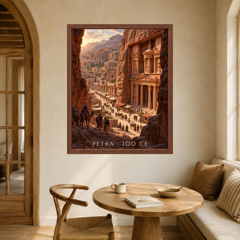 May include: A framed wall art print depicting the ancient city of Petra with its carved stone architecture, columns, and figures with camels in a desert landscape. The text PETRA 100 CE is printed in white at the bottom of the image.