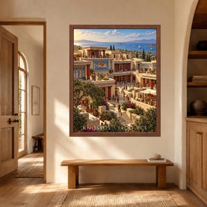 May include: A framed wall art print depicting the ancient Palace of Knossos with blue and red architectural details, figures in historical attire, and a coastal landscape. The text KNOSSOS 1400 BCE is printed in white at the bottom of the image.