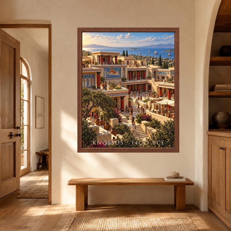 May include: A framed wall art print depicting the ancient Palace of Knossos with blue and red architectural details, figures in historical attire, and a coastal landscape. The text KNOSSOS 1400 BCE is printed in white at the bottom of the image.