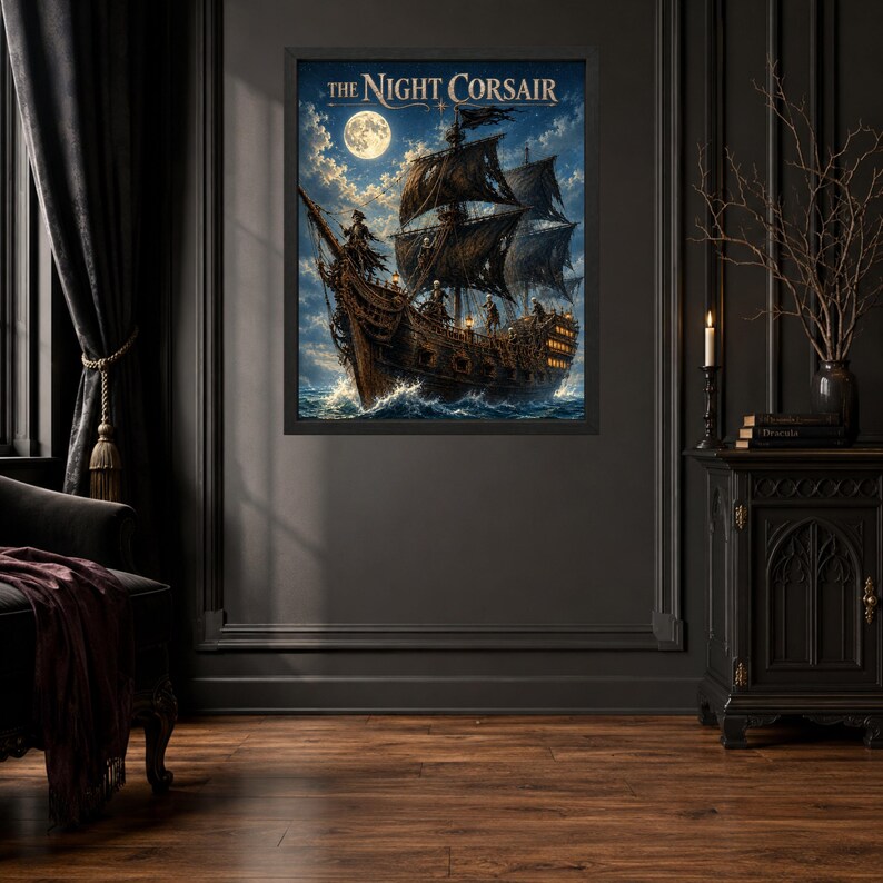 May include: A framed wall art print titled The Night Corsair featuring a dark, weathered sailing ship navigating turbulent ocean waves under a bright full moon in a cloudy night sky, with illuminated lanterns visible on the ship's deck.